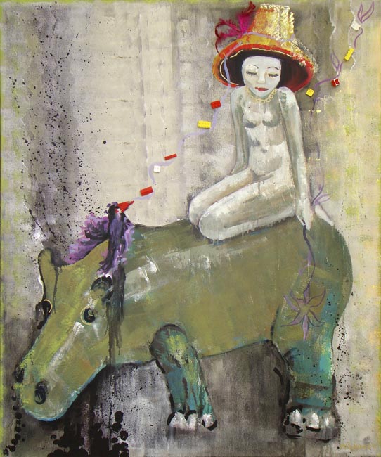 Κορίτσι και ιπποπόταμος, 120x100, Mεικτή τεχνική σε καμβά,2010